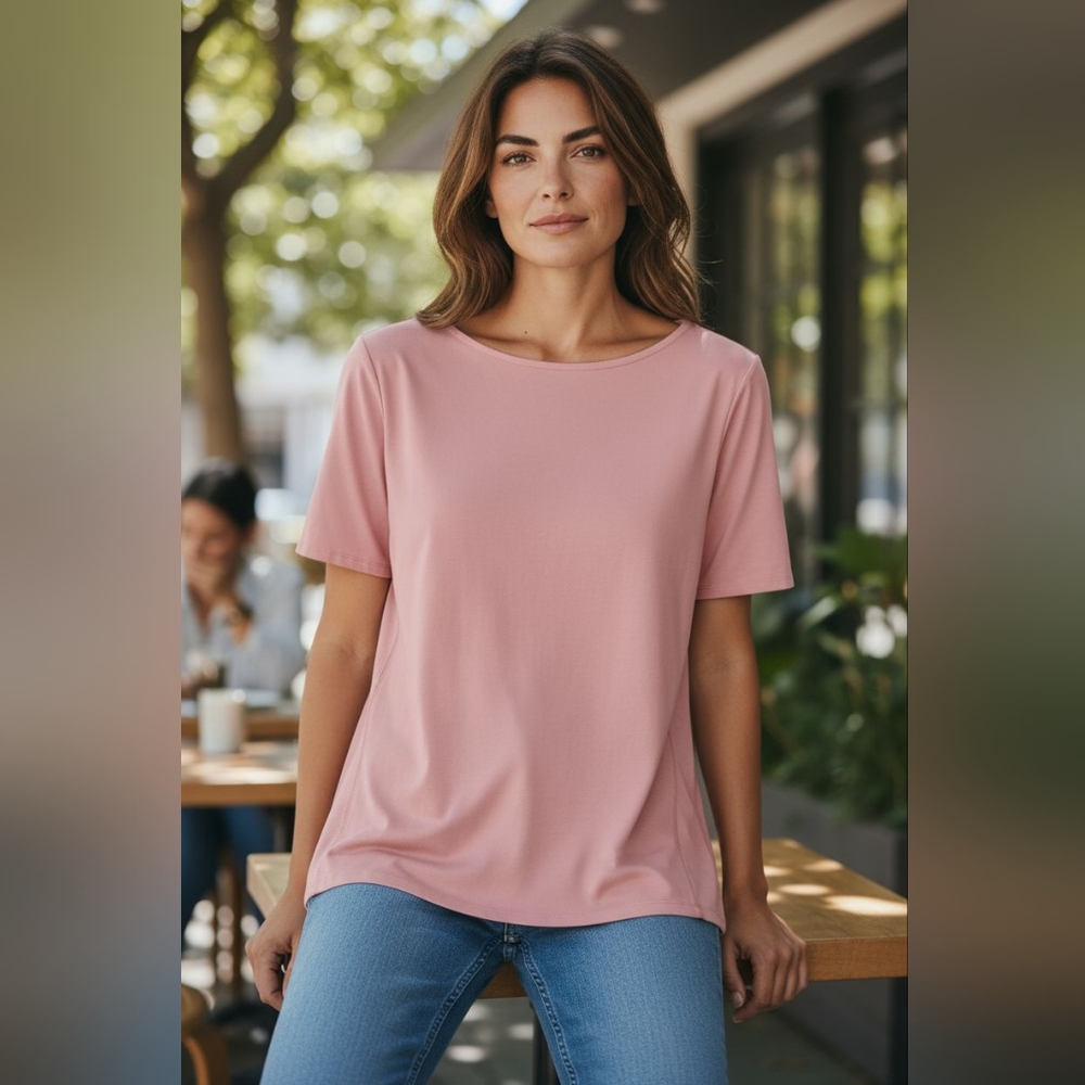Real Comfort Cotton Pink Top L Essential Layering Tee Ballet Neck Elbow Casual